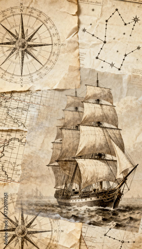 A vintage collage featuring a sailing ship a compass rose a map and a constellation on parchment paper