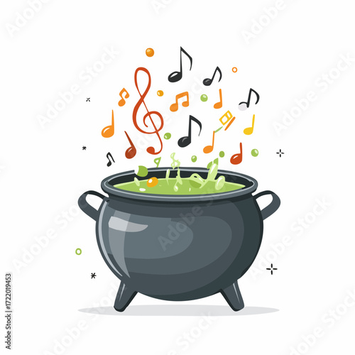 Musical Cauldron: An imaginative illustration depicting a cauldron bubbling with musical notes rising and floating above, evoking themes of fantasy, creativity, and whimsical concepts.