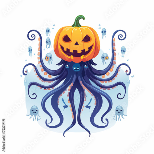 Whimsical Halloween Fusion: An illustration of a jovial, smiling Jack-o'-lantern, ingeniously fused with the sinuous form of an octopus.
