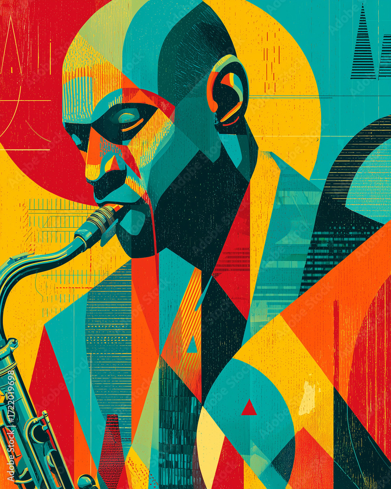 Naklejka premium Kubańska grafika w stylu kubizmu, przedstawiająca muzyka grającego na saksofonie. Dominują intensywne barwy, geometryczne kształty i abstrakcyjne formy.