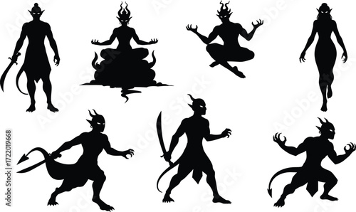 Demonic silhouette, mythical creature, horned monster, fantasy art, dark figure, clawed hands, tail, sword, meditation pose, aggressive stance, levitating demon