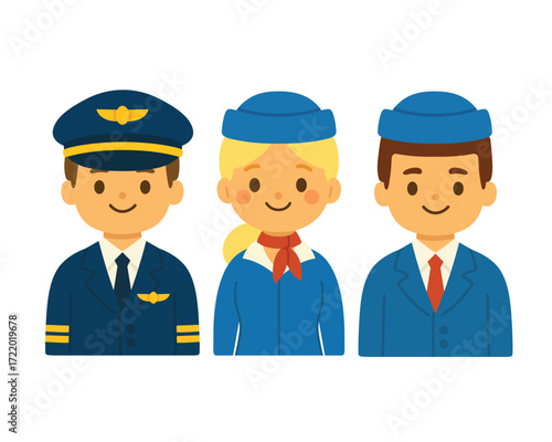 Cartoon characters of male pilot and two flight attendants in uniform. Flat vector illustration with white background. Aviation crew. Travel and airline staff concept. Design for banner, postcard