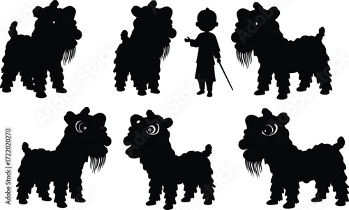 Traditional Chinese lion dance silhouettes, cultural festival performance icons, black shadow art, Asian heritage celebration, martial arts parade illustration design