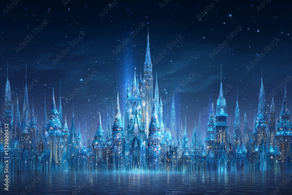 Fototapeta premium Large blue castle reflects on a surface at night under a starry sky.