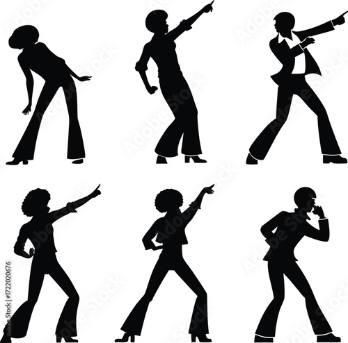 Six black silhouettes of disco dancers pointing retro