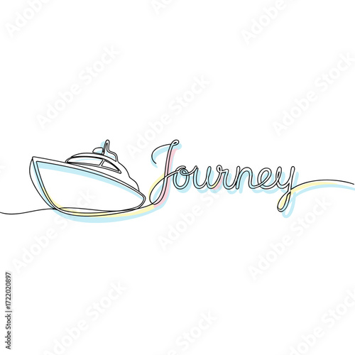 Boat illustration with the word "Journey" in flowing, colorful script