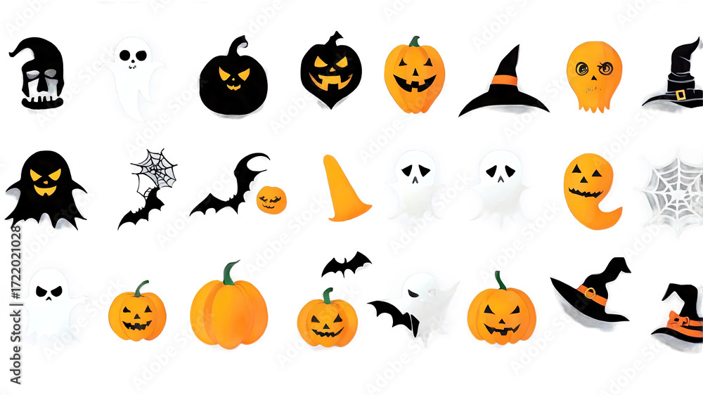 Obraz premium Gran Set de Elementos Gráficos de Halloween Iluminados, con Calabazas Jack-o'-lantern, Fantasmas Espeluznantes y Sombreros de Bruja para Diseño Digital.