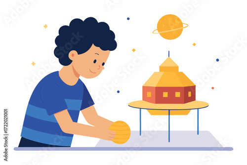 Child Building JWST Model Vector, Educational Space Illustration