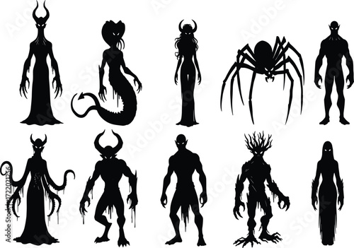 Silhouette set of creepy monsters, demons, witches, fantasy creatures, horror characters, Halloween icons, vector illustration for dark design, decoration.