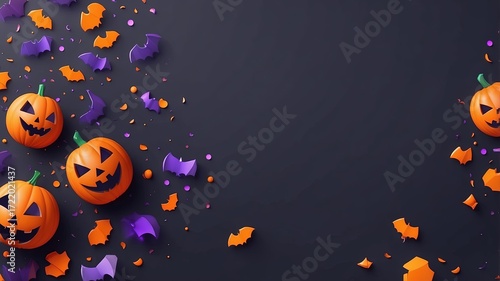 Composición vertical de Halloween con calabazas y murciélagos con marco decorativo naranja y morado y centro vacío para texto o logo
