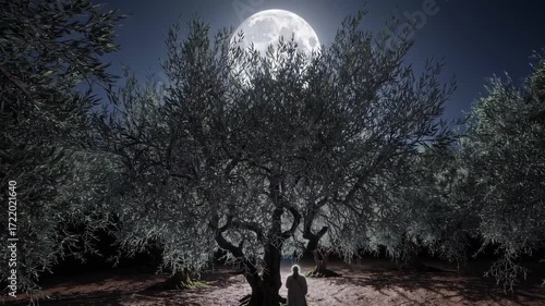 Vertical video of Jesus Christ praying in Gethsemane at night under full moon.