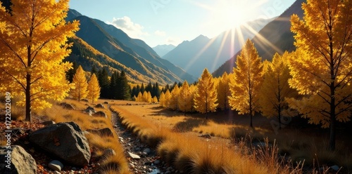 Golden aspen leaves, crisp mountain air, late afternoon sun, rocky mountains, red, aspen