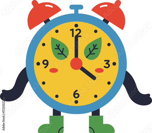 Cute cartoon alarm clock character with green boots, red bells, smiling face, creative design, funny timepiece, vector illustration for children and education