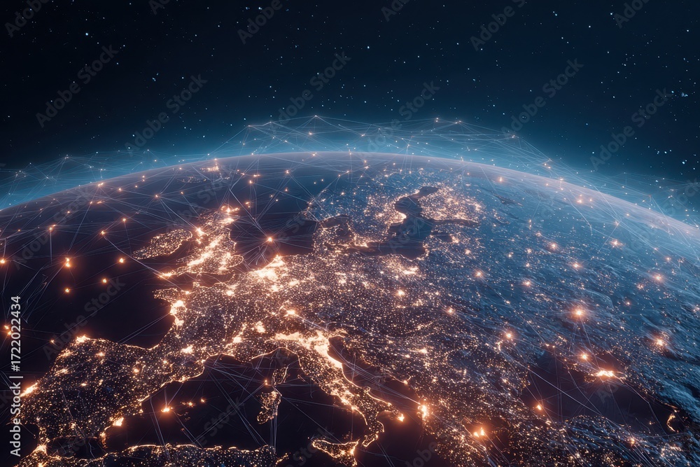 Obraz premium Visual representation of European telecommunication and data transfer network highlighting key connections and data flow across the continent at night