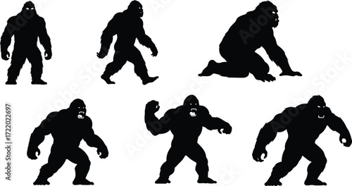 Gorilla silhouette illustration, muscular ape poses, wildlife animal art, strong primate figure, black shadow design, jungle creature concept, vector graphic set