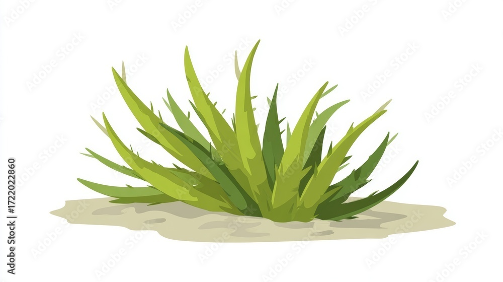 Obraz premium A vibrant green succulent plant, possibly aloe vera or agave, with spiky leaves growing in a clump on sandy soil against a white background.