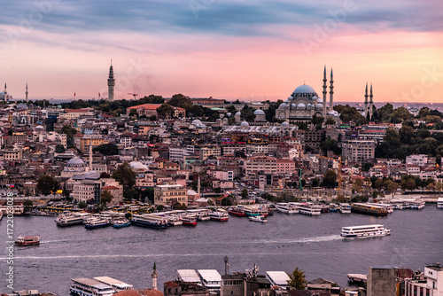 Photography Sunset aerial view of Eminonu neighborhood in Istanbul, Turkey