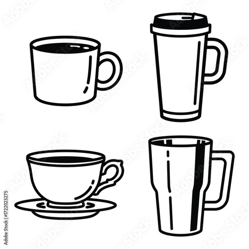 Hand drawn coffee cup collection featuring espresso mug travel tumbler and tall glass styles