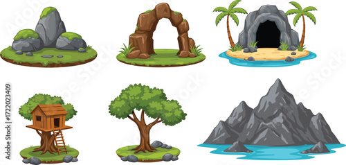 Cartoon nature landscape elements illustration with mountains, rocks, cave, tropical island, treehouse, forest tree, vector design for game background, adventure environment