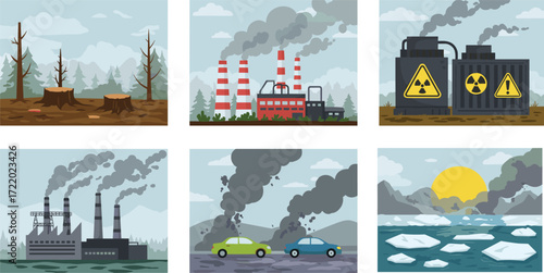 Environmental pollution illustration with deforestation, factory smoke, toxic waste, car emissions, global warming, industrial impact, climate change, nature destruction, ecological damage, air 