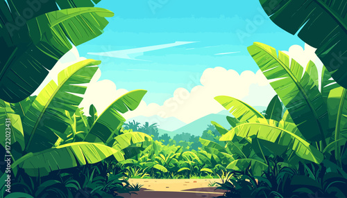 Lush Jungle Scene with Banana Leaves and Sky A Vibrant Tropical Illustration for Travel & Nature