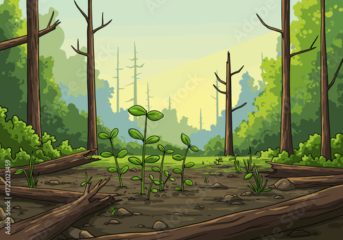 Forest Renewal Concept with Sprouting Green Seedlings