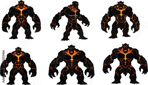 Lava humanoid character design, molten cracks glowing, muscular elemental creature, fantasy concept art, volcanic warrior illustration, magma skin texture, game animation asset