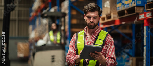 Warehouse workers and manager in reflective vests inspecting inventory, using digital tablet for stock control, logistics, supply chain management, and modern industrial warehouse operations.