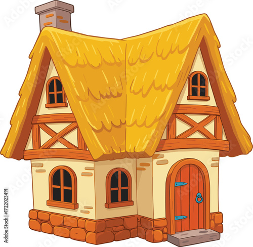 Cartoon medieval fantasy house with thatched roof, stone base, wooden beams, arched windows, rustic architecture, countryside home, fairytale style village building