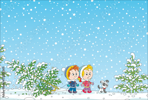 Happy little boy and girl with a funny puppy carrying a snowy fir tree on their small sled from a winter forest to decorate it for Christmas, vector cartoon illustration