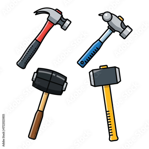 Collection of four distinct hammers featuring different heads and handles for various tasks