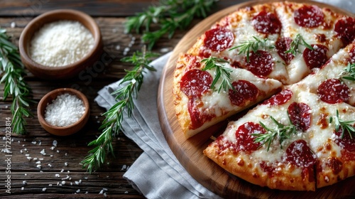 Overhead View of Sliced Pepperoni Pizza on Wood Board with Rosemary and Bowls of Parmesan Cheese Rustic Wooden Table
