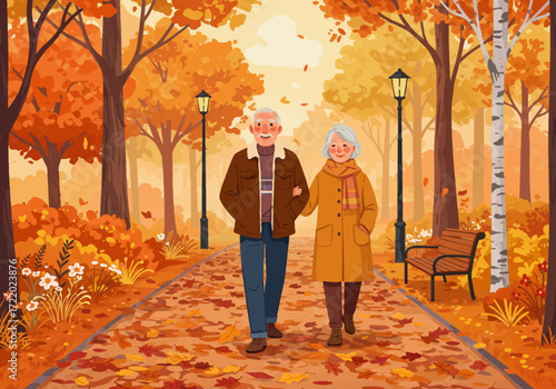 A Loving Senior Couple Enjoying an Autumn Walk Together