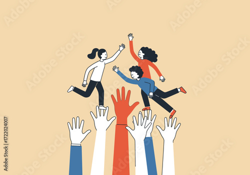 People celebrating reaching a goal with hands reaching up