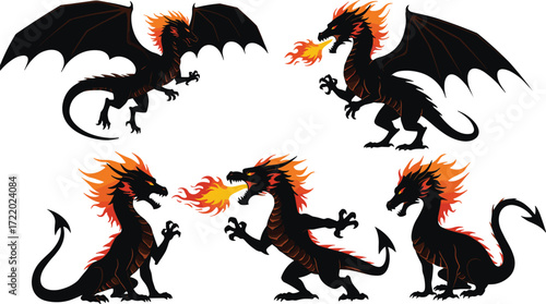 Black dragon illustration, fiery accents, mythical creature art, fantasy beast design, fire breathing monster, winged and wingless dragons, aggressive stance artwork