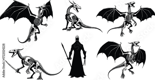 Fantasy skeletal dragons, dark lord warrior, gothic black and white illustration, medieval undead creatures, horror art, mythical beasts, sword, wings