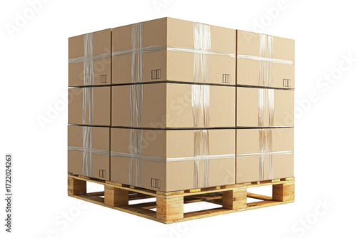 Stack of cardboard boxes secured with tape on wooden pallet in shipping and delivery