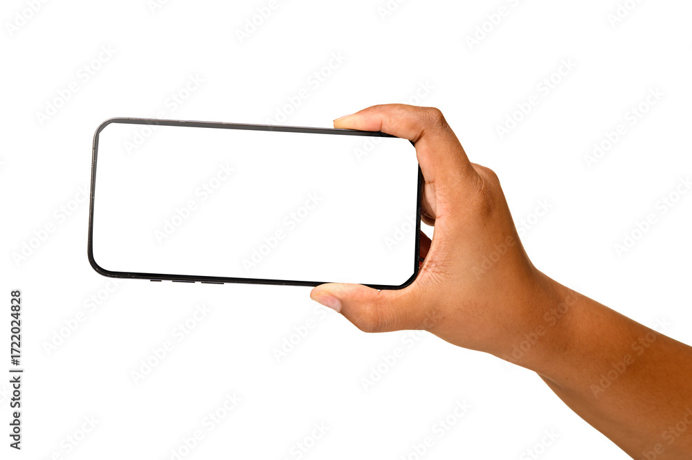Fototapeta premium A hand holding a smartphone horizontally with a blank white screen, isolated on a plain background, suitable for landscape app mockups or video display presentations.