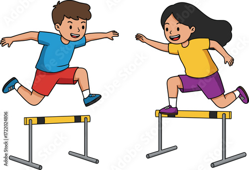 Cartoon boy and girl kids jumping hurdles in running race competition, track and field athletics sports activity vector illustration design