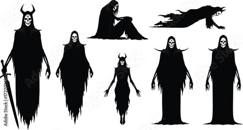 Dark fantasy horror, ghostly shadow figures, demonic cloaked spirits, skeletal faces, supernatural entities, eerie atmosphere, haunted night, mysterious evil beings, tattered robes