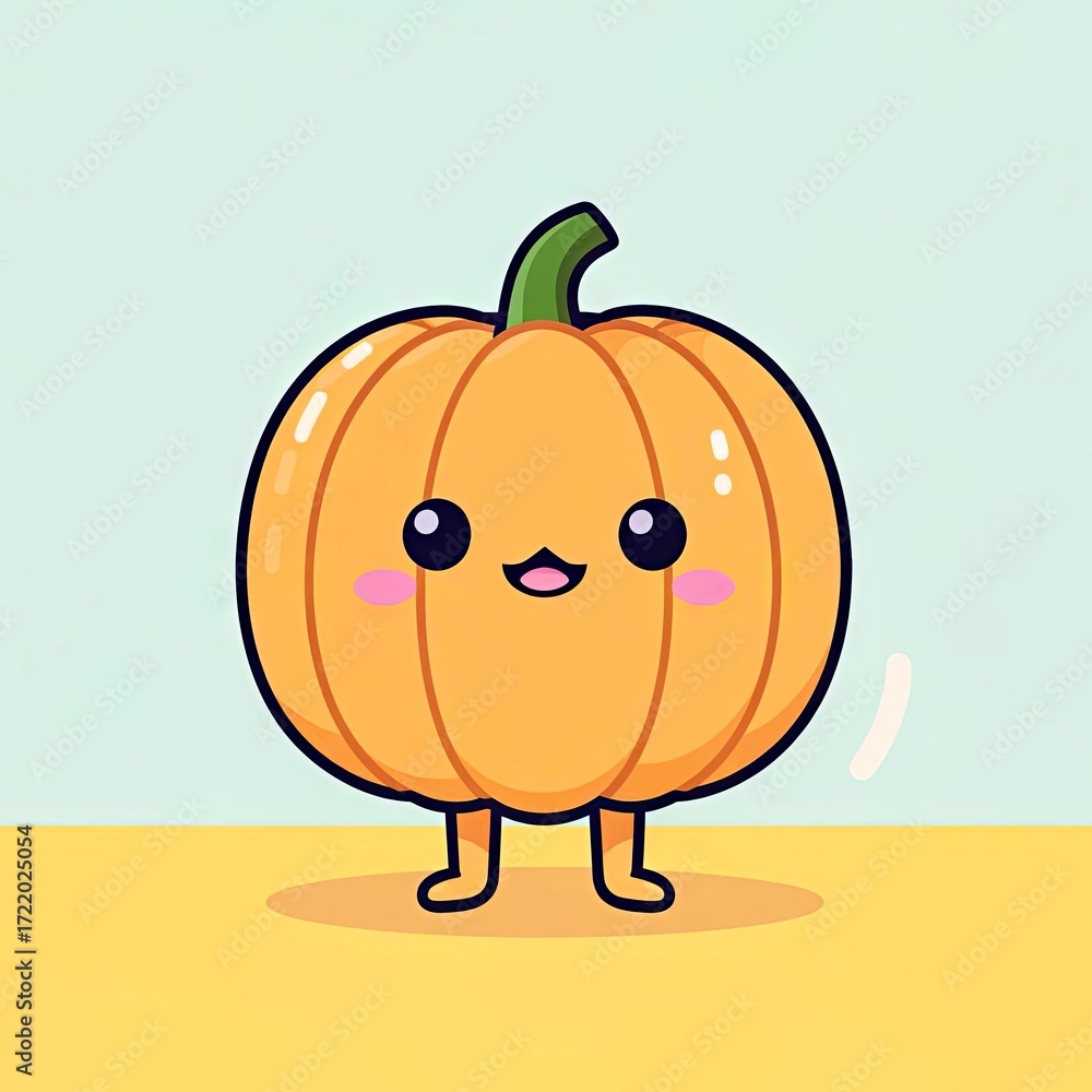 Obraz premium Cute cartoon pumpkin character standing on a pastel background 
