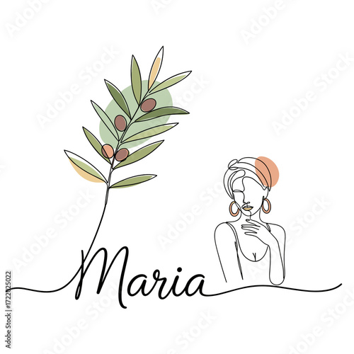 Elegant woman illustration with an olive branch and the name "Maria" in flowing script
