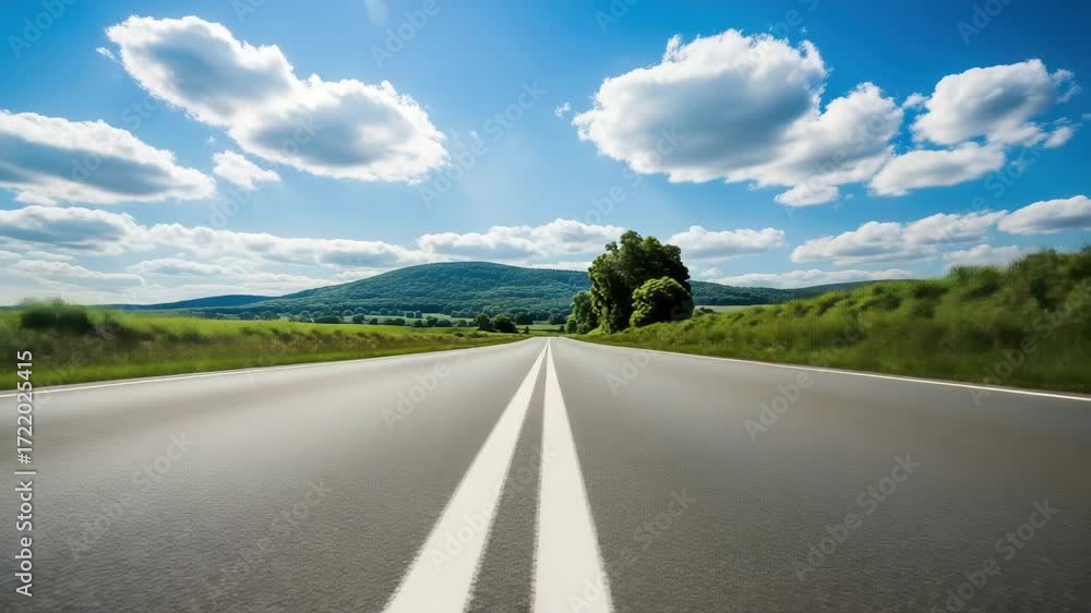 A long asphalt road stretches towards a distant hill under a bright blue sky dotted with fluffy white clouds, conveying a sense of journey and adventure ai generated vedio
