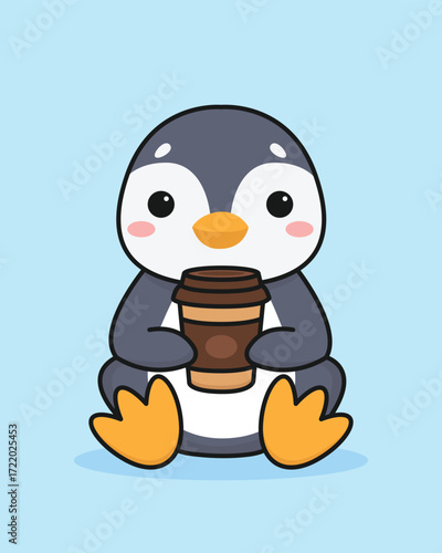 Cute cartoon penguin with a cup of coffee. Isolated background. Vector illustration.