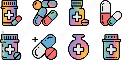 Colorful medicine icons pills capsules and bottles