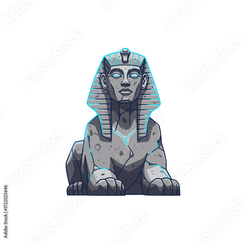 Sphinx statue in a graphic illustration style with a blue aura  no background