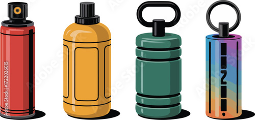 Four different colored containers two with spray tops and two with carrying handles