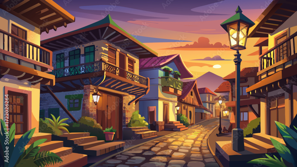 Fototapeta premium Historic City of Vigan, Philippines, preserves cobblestone streets, Spanish colonial houses, and rustic lamps glowing softly at dusk in a blend of Asian and European styles.