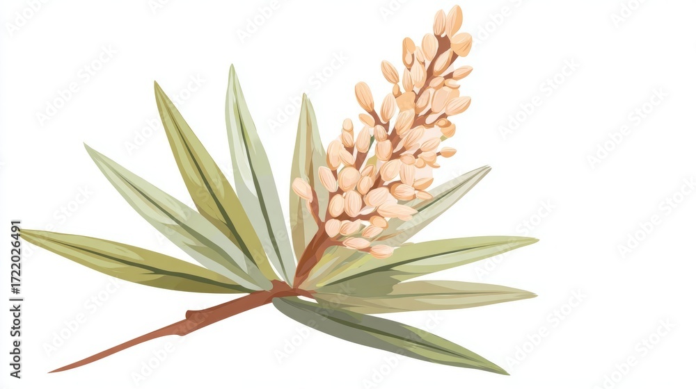 Obraz premium A watercolor illustration of a flowering plant sprig with pale blossoms and long green leaves.