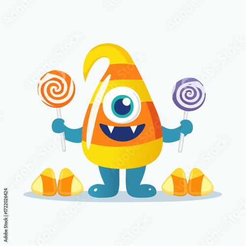 Sweet Creature and its Candy Land: An adorable candy corn monster stands proudly, proudly displaying colorful lollipops and candy corns against the backdrop. Celebrating the sugary and cheerful world.